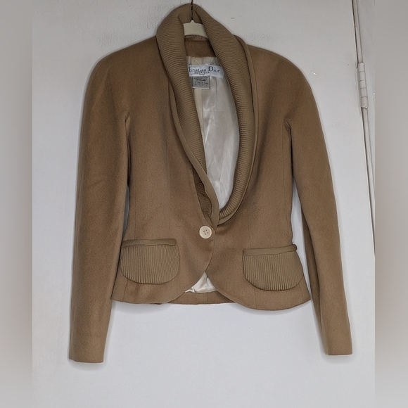 Vintage Christian DIOR Wool and Silk Made in France Peplum Tan Blazer Jacket - Picture 1 of 4